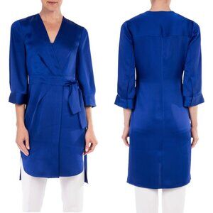Badgley Mischka Side Tie Satin Duster Tunic Dress Women's Small Blue Mini Wrap